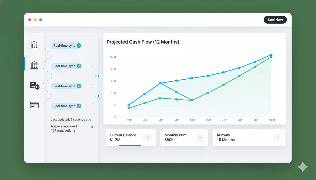 Modern financial forecasting dashboard showing real-time data integration from multiple sources including bank accounts and accounting software