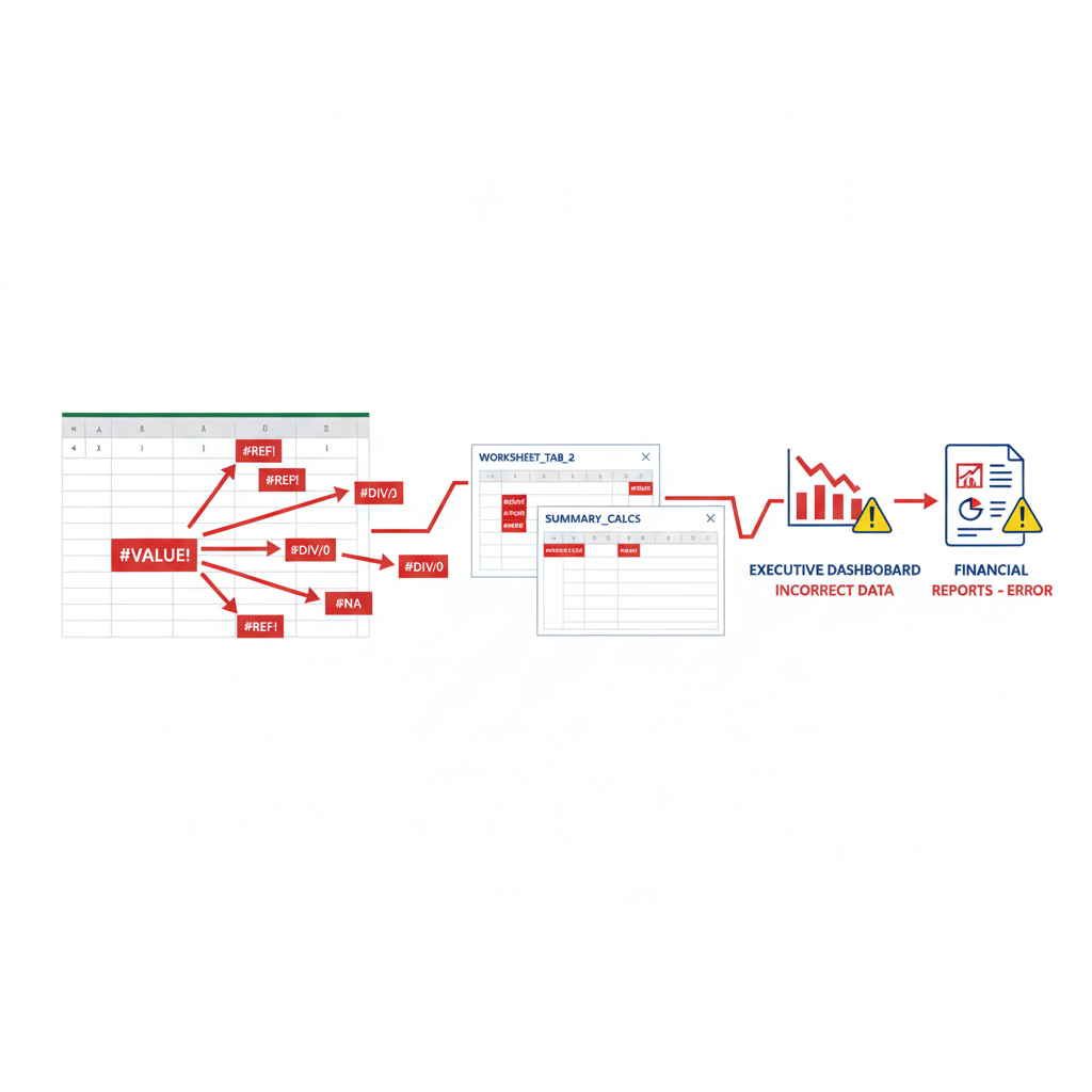 Diagram showing how a single Excel formula error spreads across multiple worksheets and creates incorrect financial projections