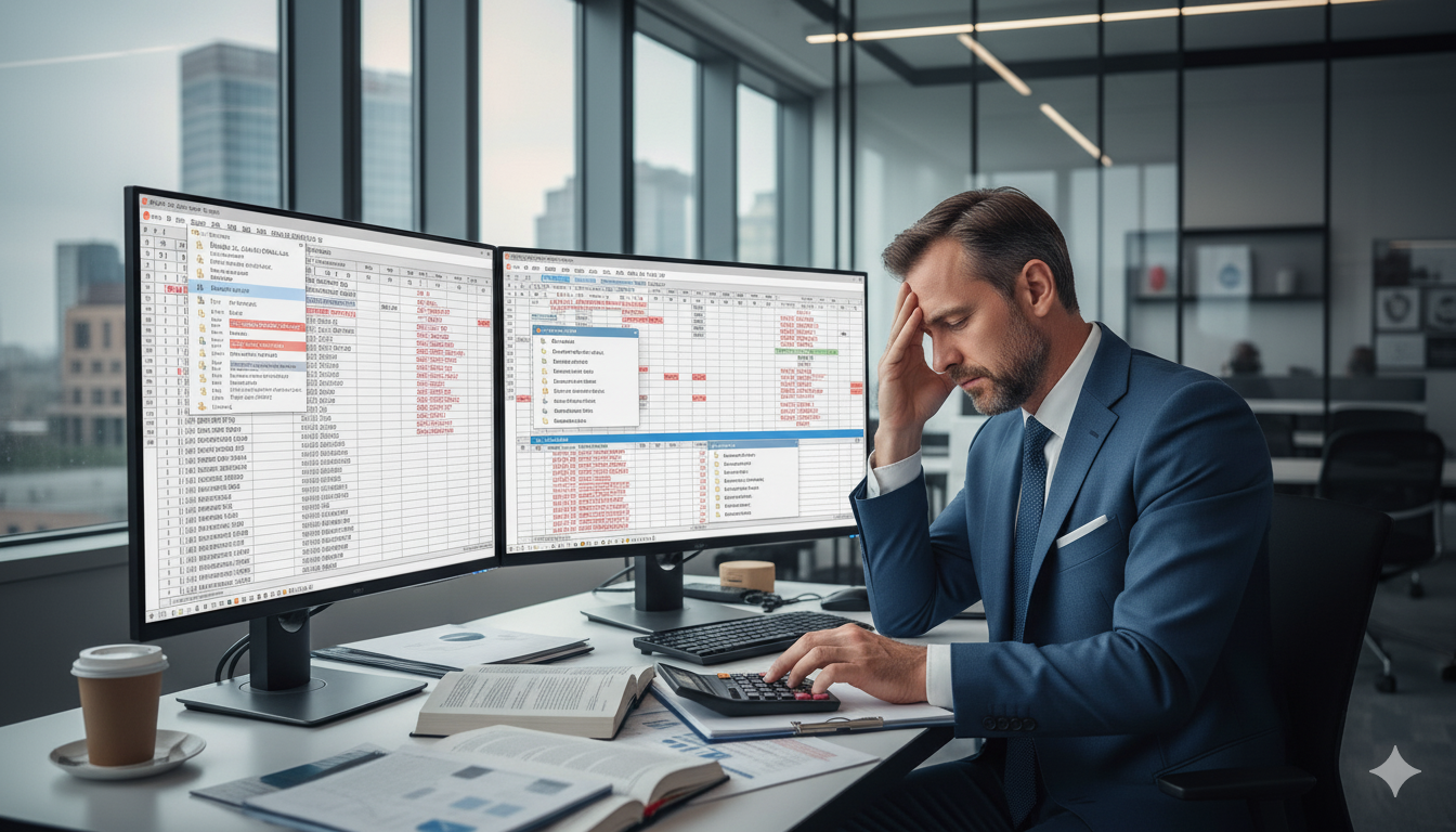 Finance professional analyzing complex Excel spreadsheet with visible formula errors and version control issues