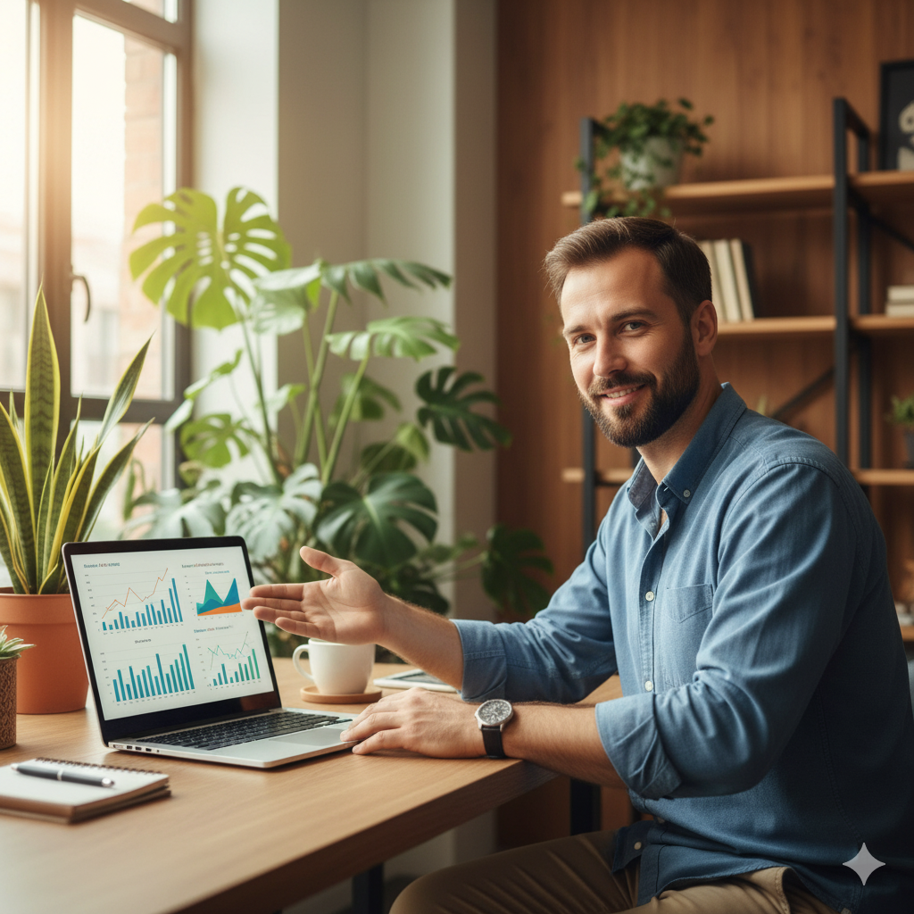 Small business owner reviewing financial forecasting charts and projections on laptop